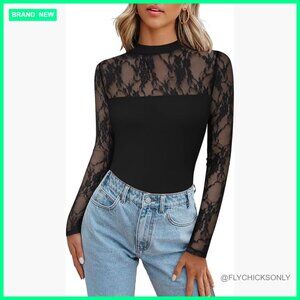Long Sleeve Lace Mesh Sheer Crew Neck Blouse